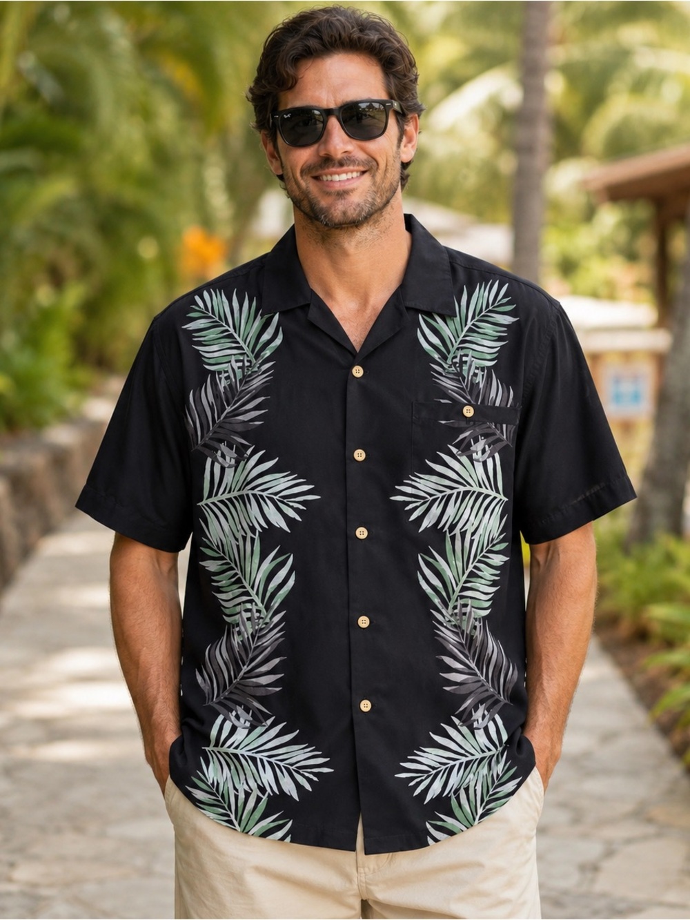 Scandia Woods Men’s Medium Black Tropical Palm Leaf Hawaiian Shirt
